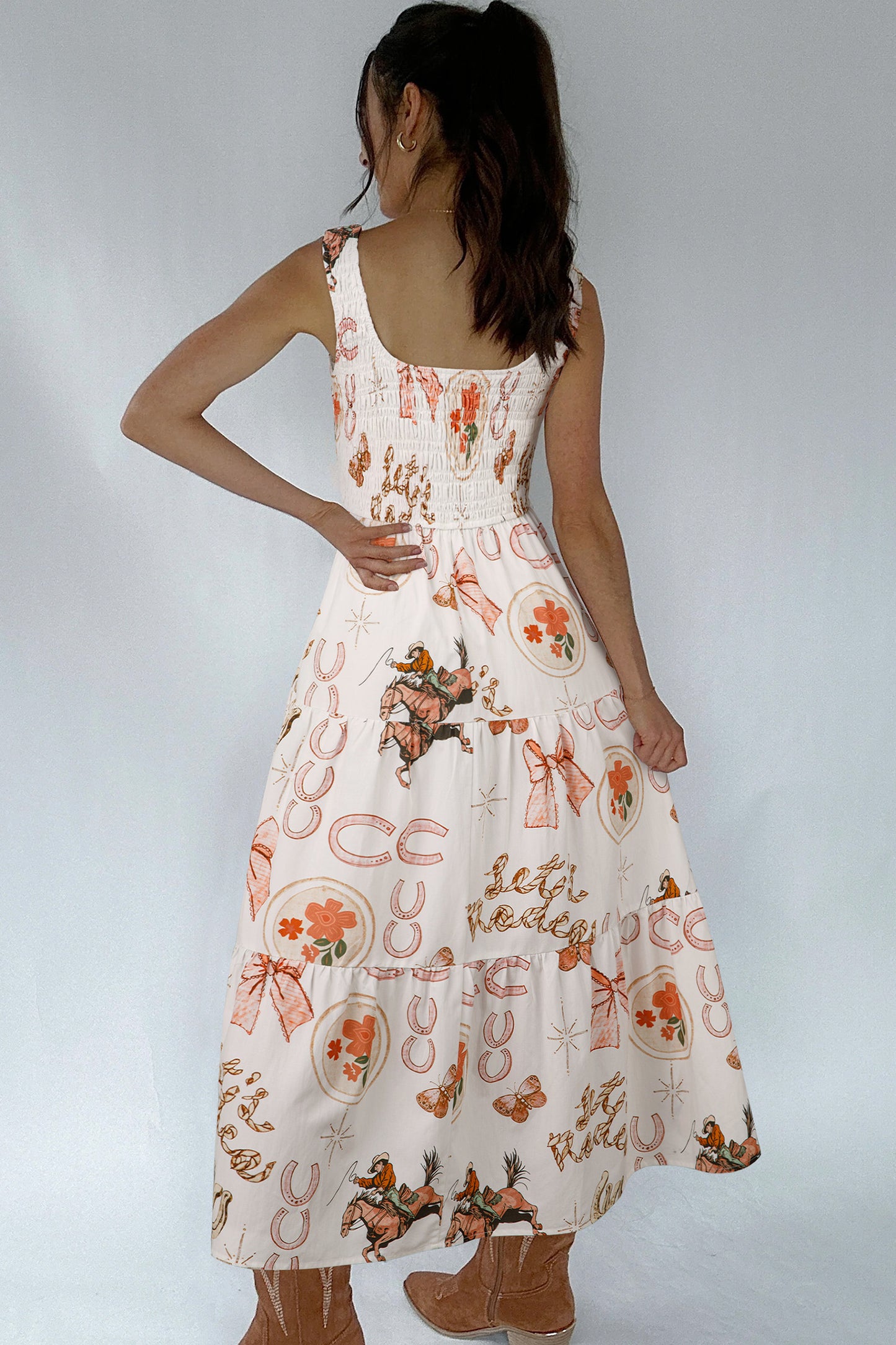 Western Print Sleeveless Midi Dress