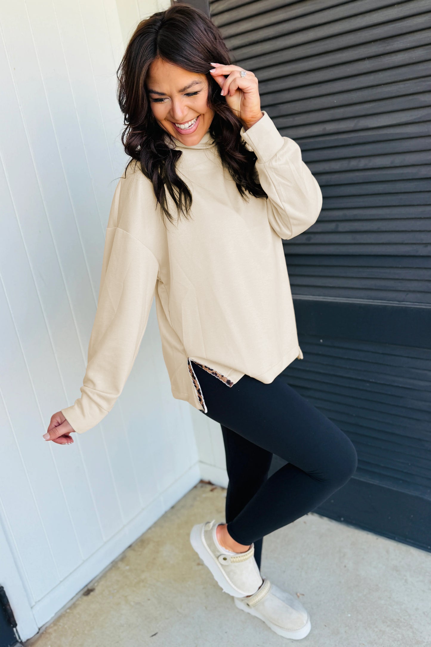 Mock Neck Leopard Detail Top