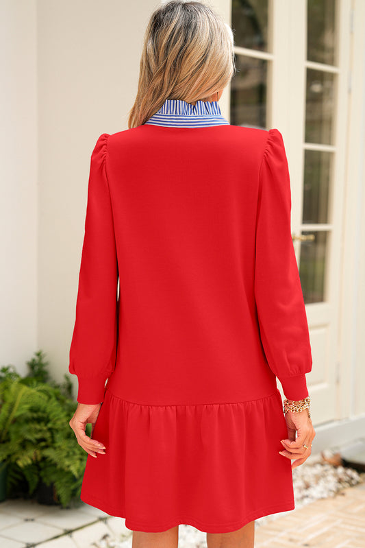 Striped Collar Ruffle Hem Dress