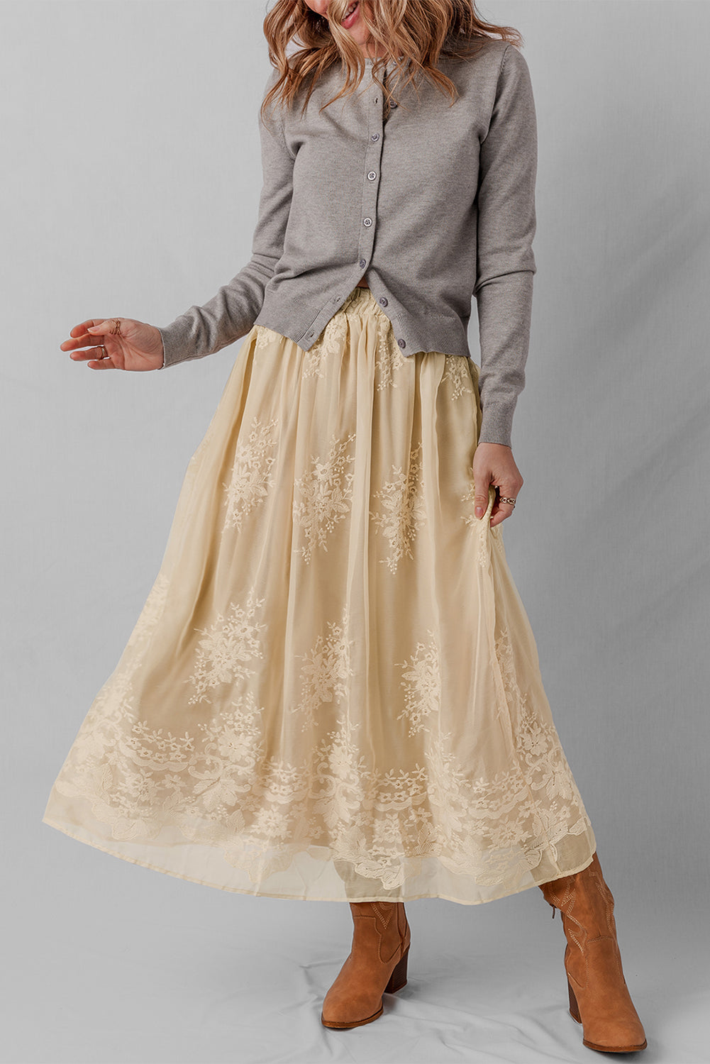 Oatmeal Embroidered Long Skirt