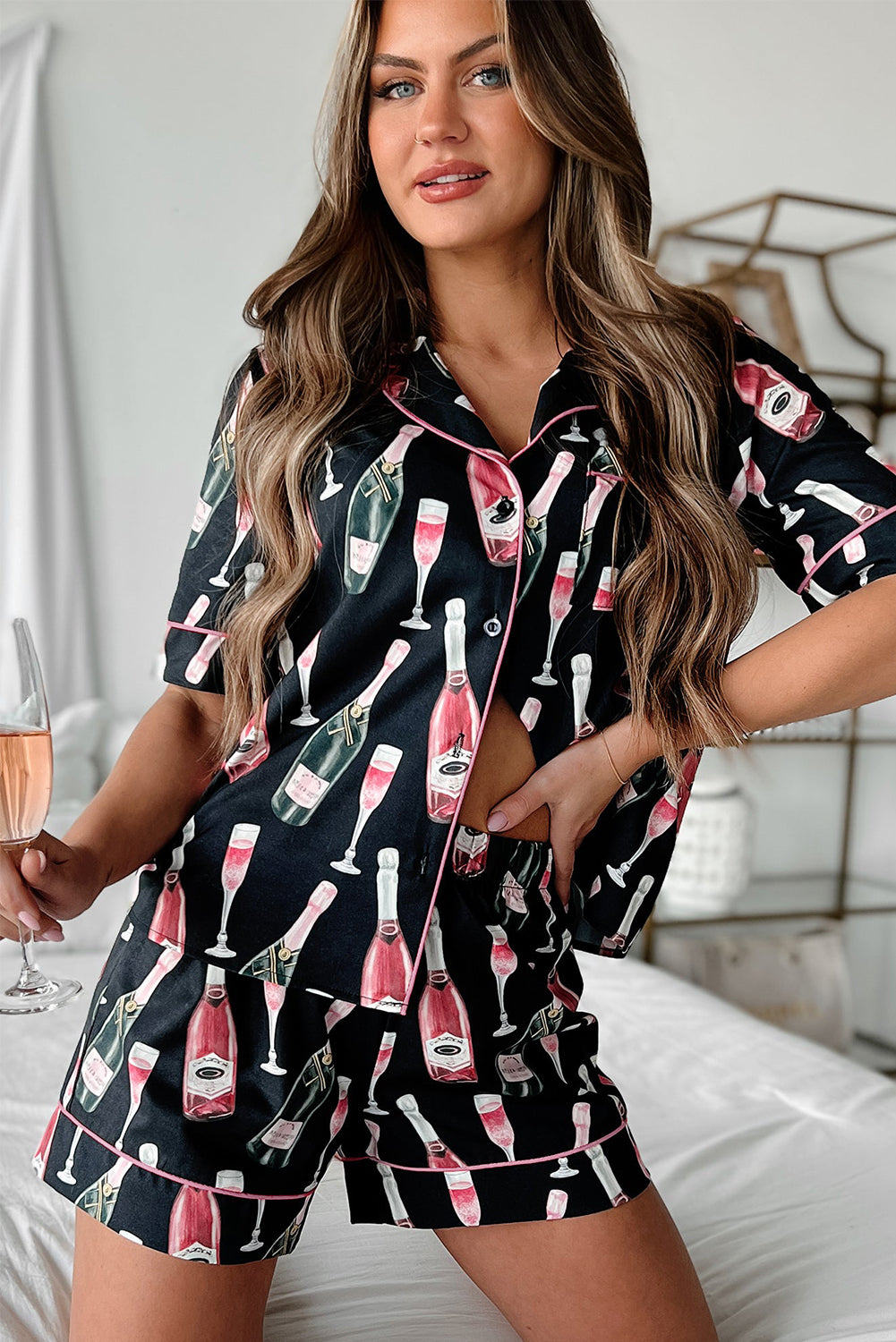 Black Champagne Print Pajamas Set
