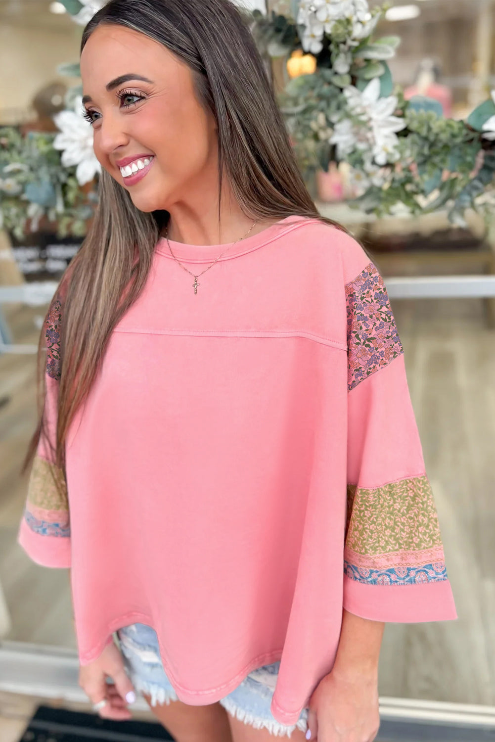 Pink Floral Patchwork Sleeve Top