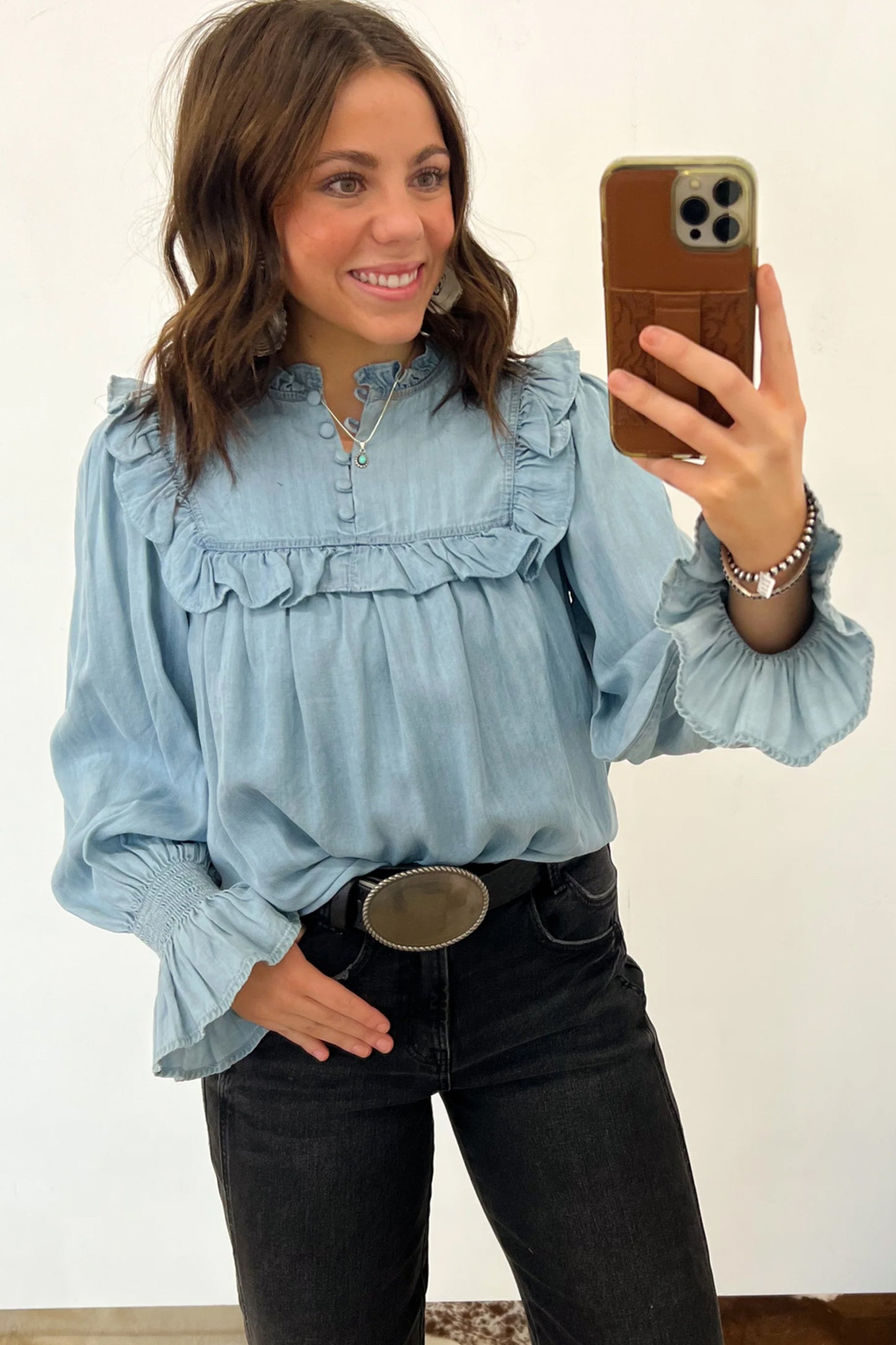 Western Ruffle Chambray Blouse