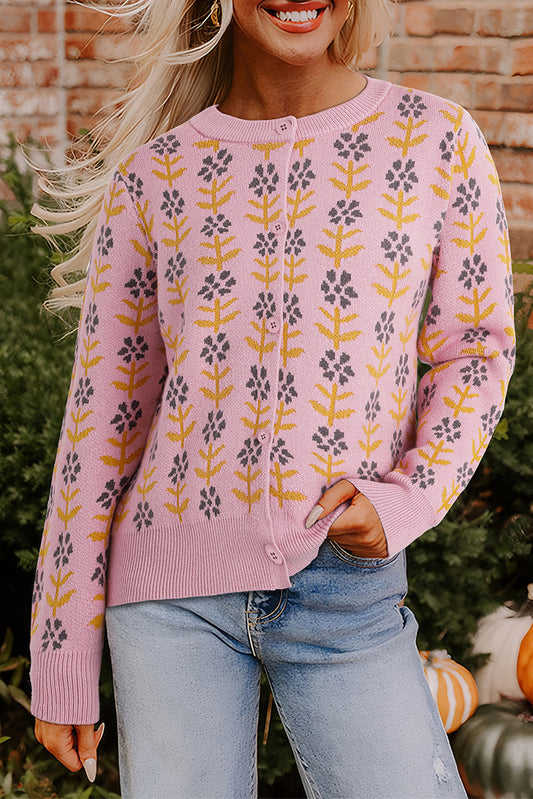 Pink Floral Button Cardigan