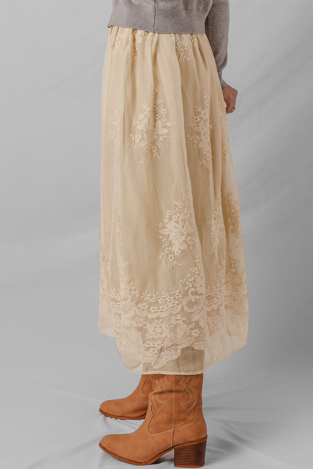 Oatmeal Embroidered Long Skirt