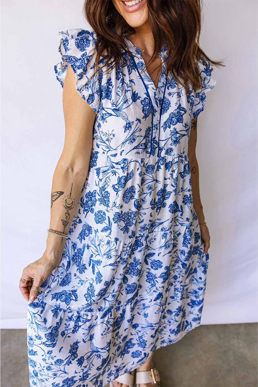 Blue Tiered Floral Midi Dress
