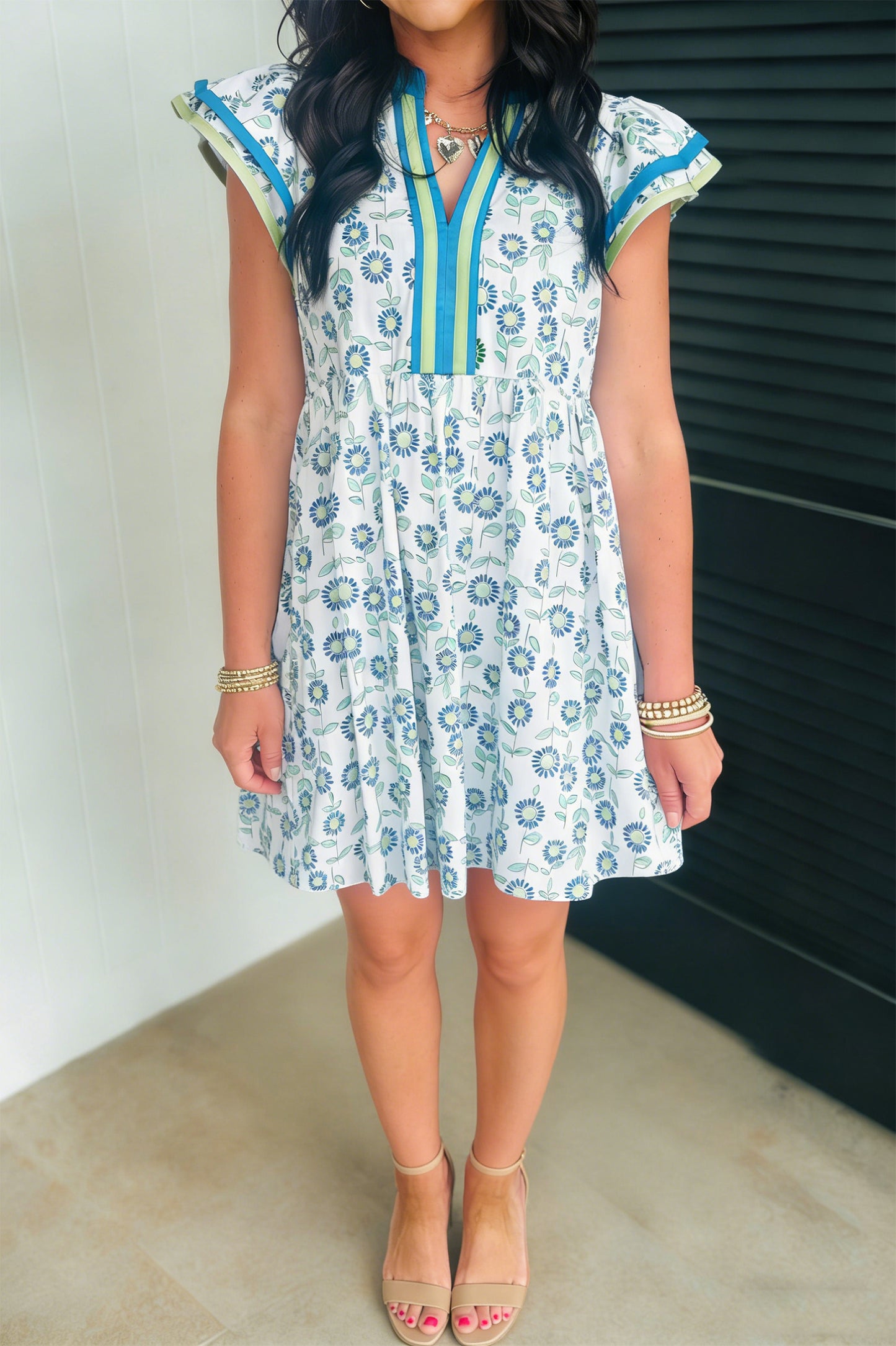 Sunflower Printed Flutter Sleeve Mini Dress