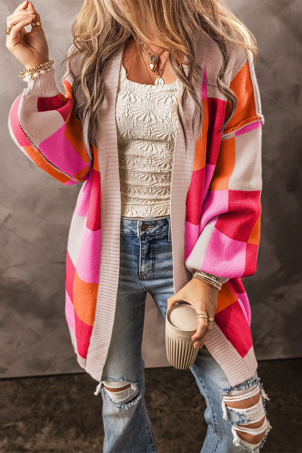 Bright Checkered Open Front Cardigan