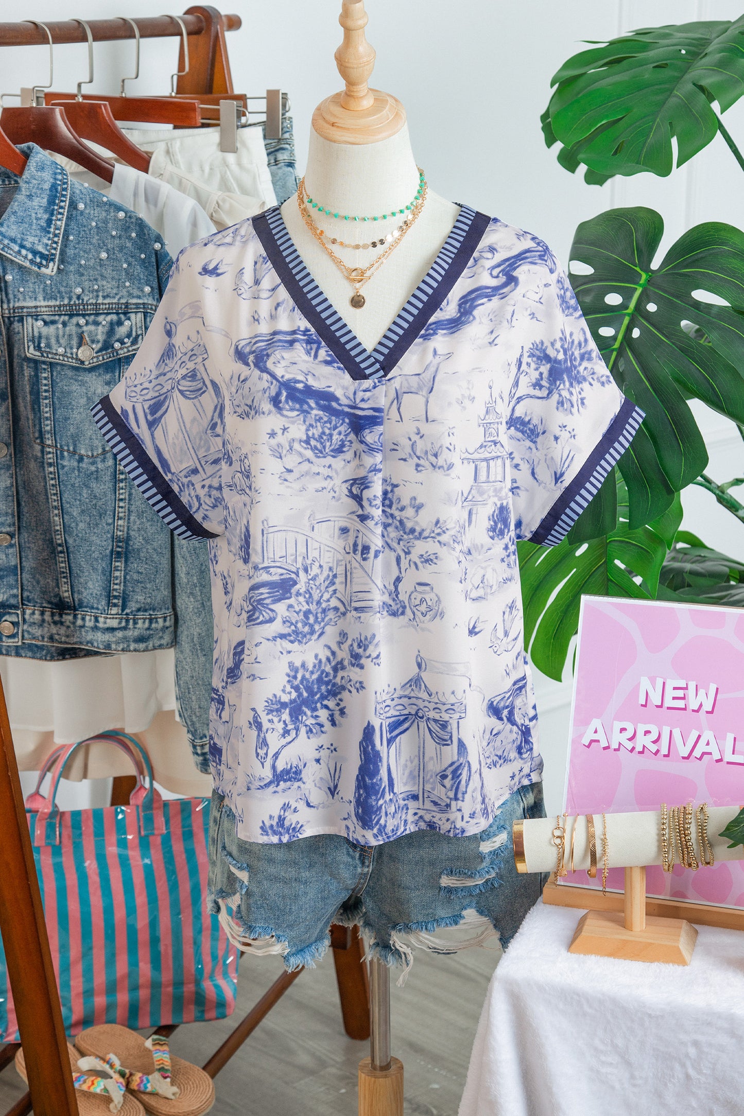 Blue Toile V-Neck Blouse