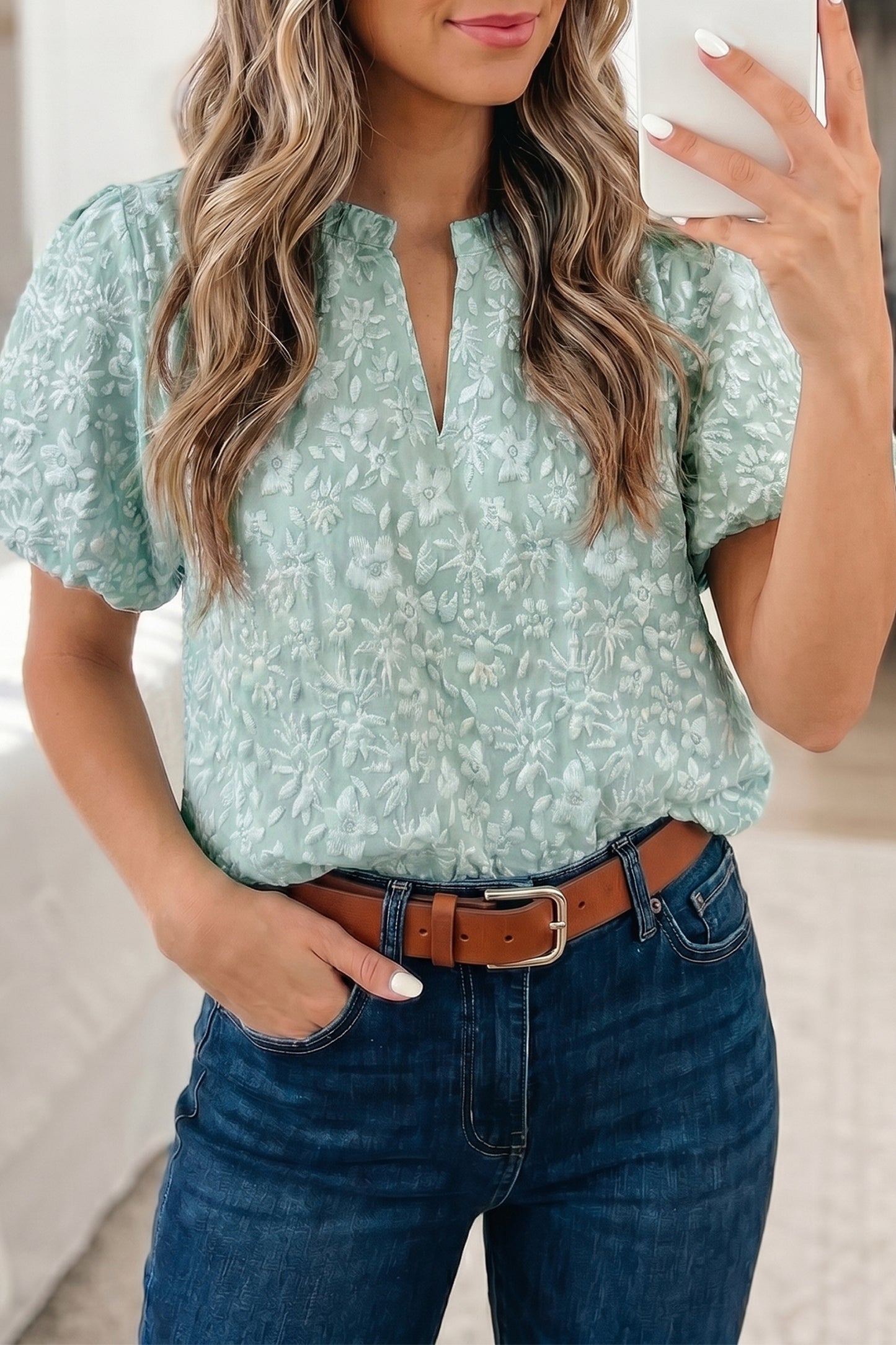 Textured Jacquard Puff Sleeve Blouse