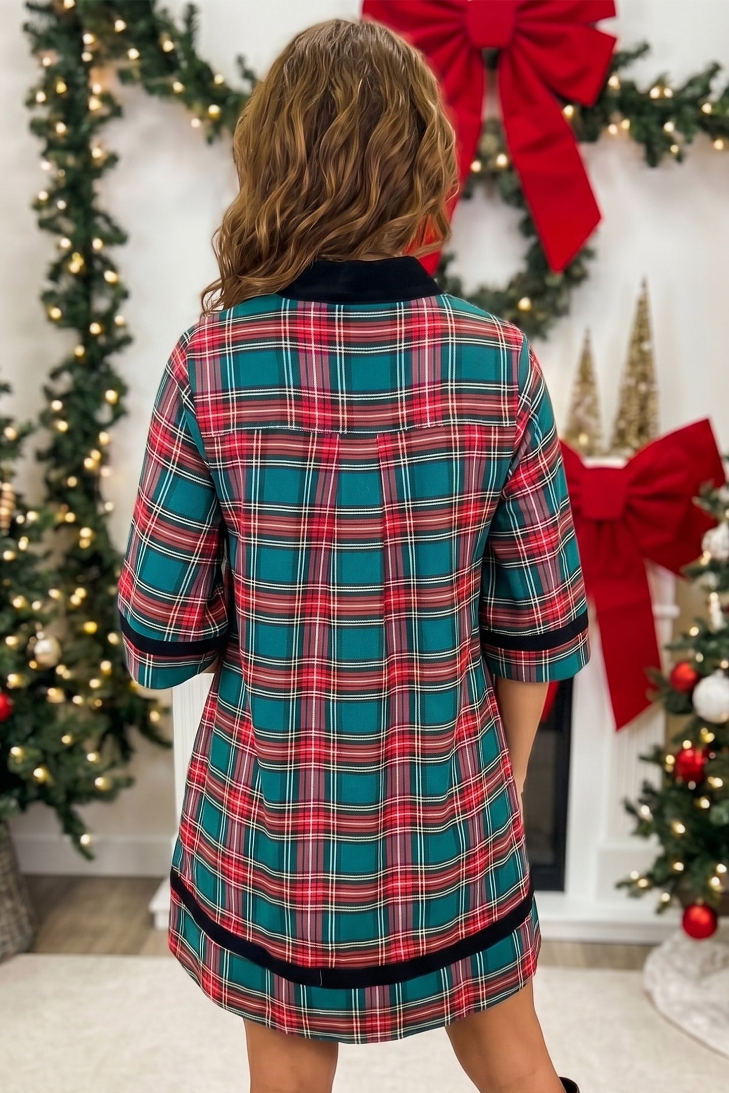 Festive Green Plaid Velvet Trim Dress