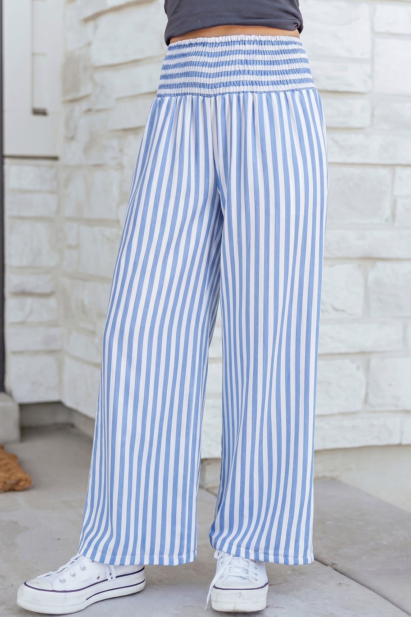 Stripe Shirred High Waist Summer Pants