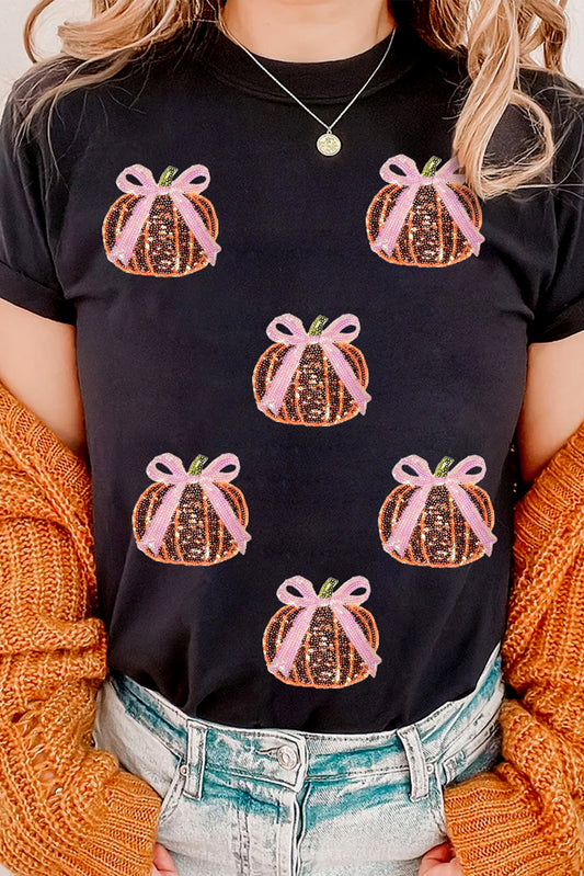 Black Sequin Bow & Pumpkin T Shirt