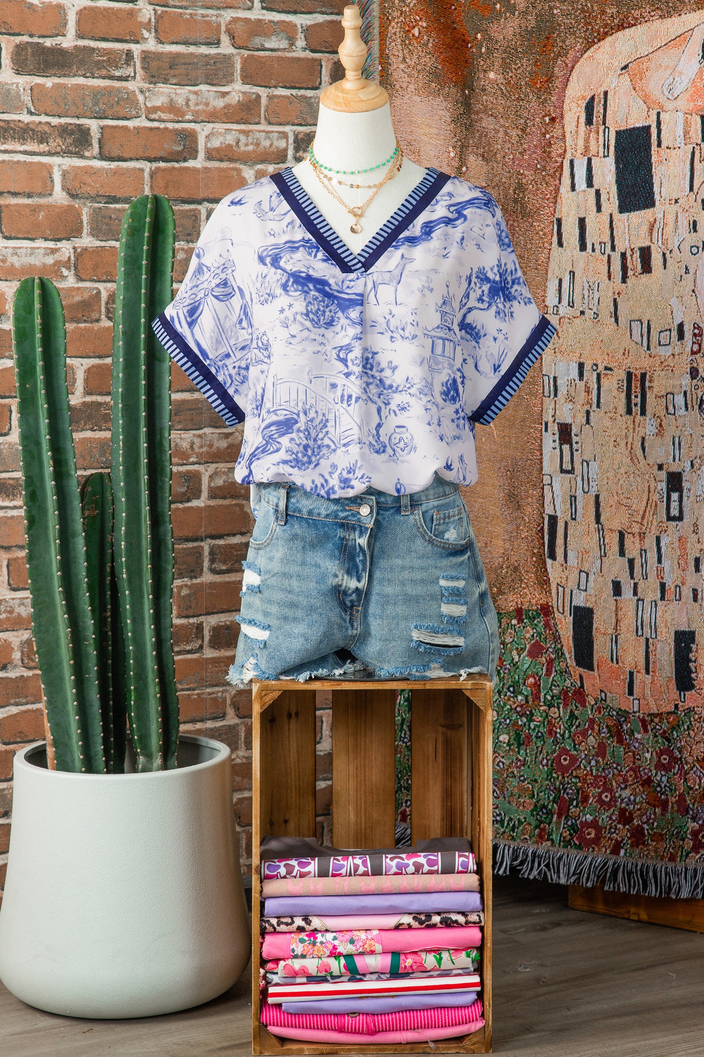 Blue Toile V-Neck Blouse