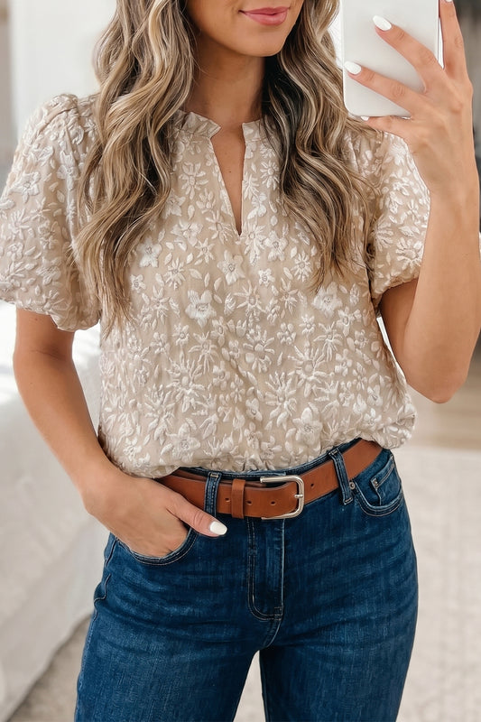 Textured Jacquard Puff Sleeve Blouse