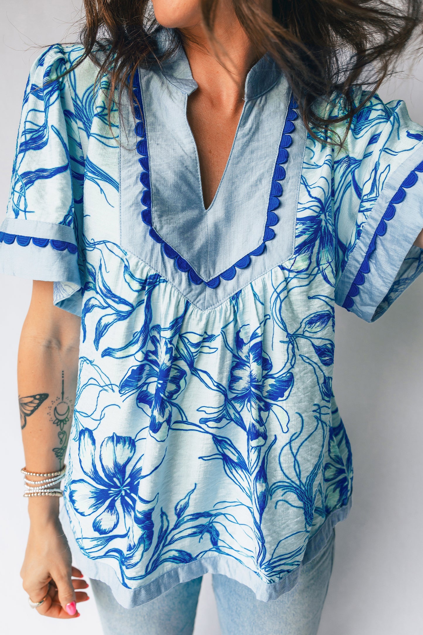 Blue Floral Ric Rac Trim Shirt