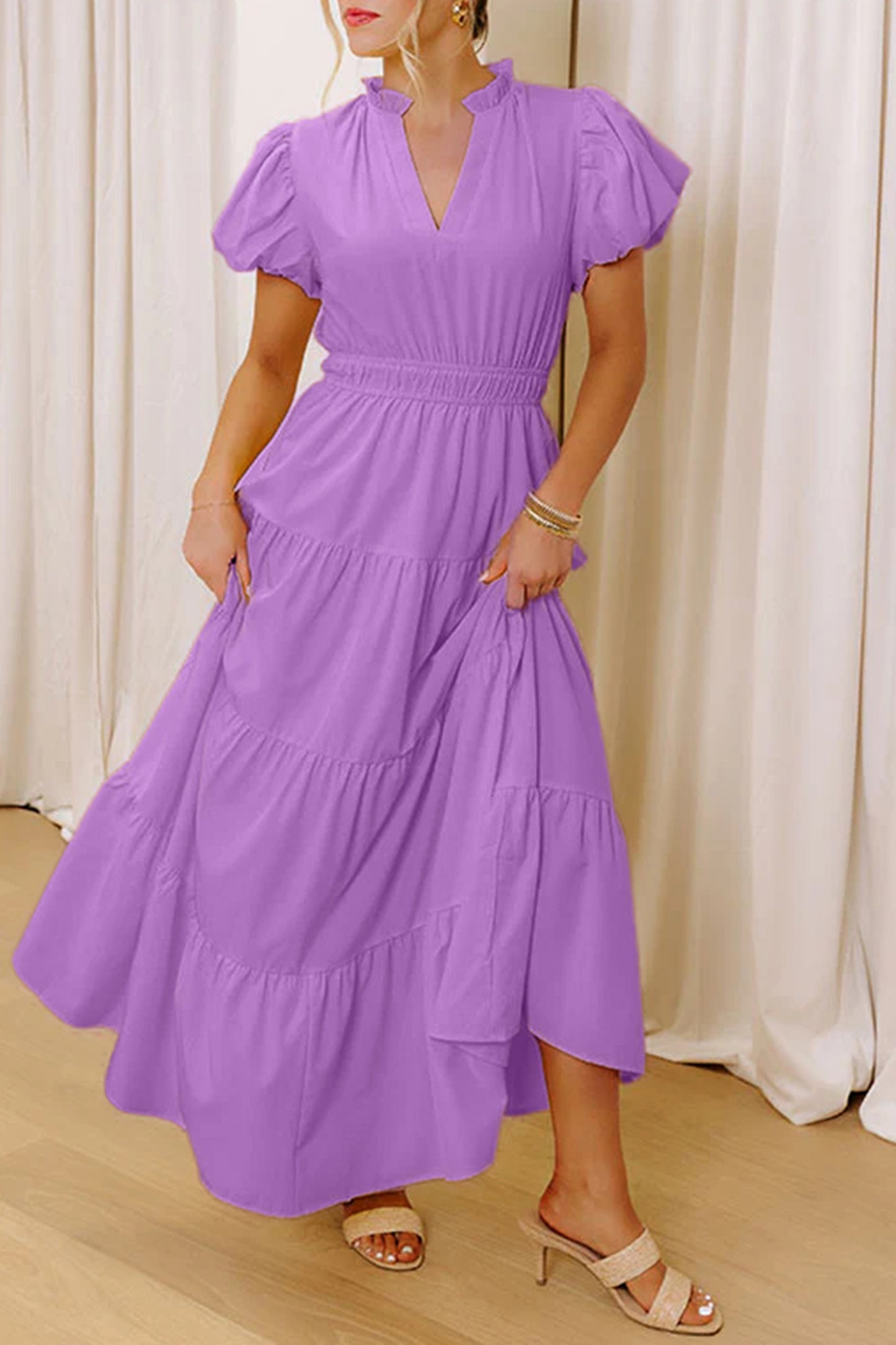 Solid Color V Neck Maxi Dress