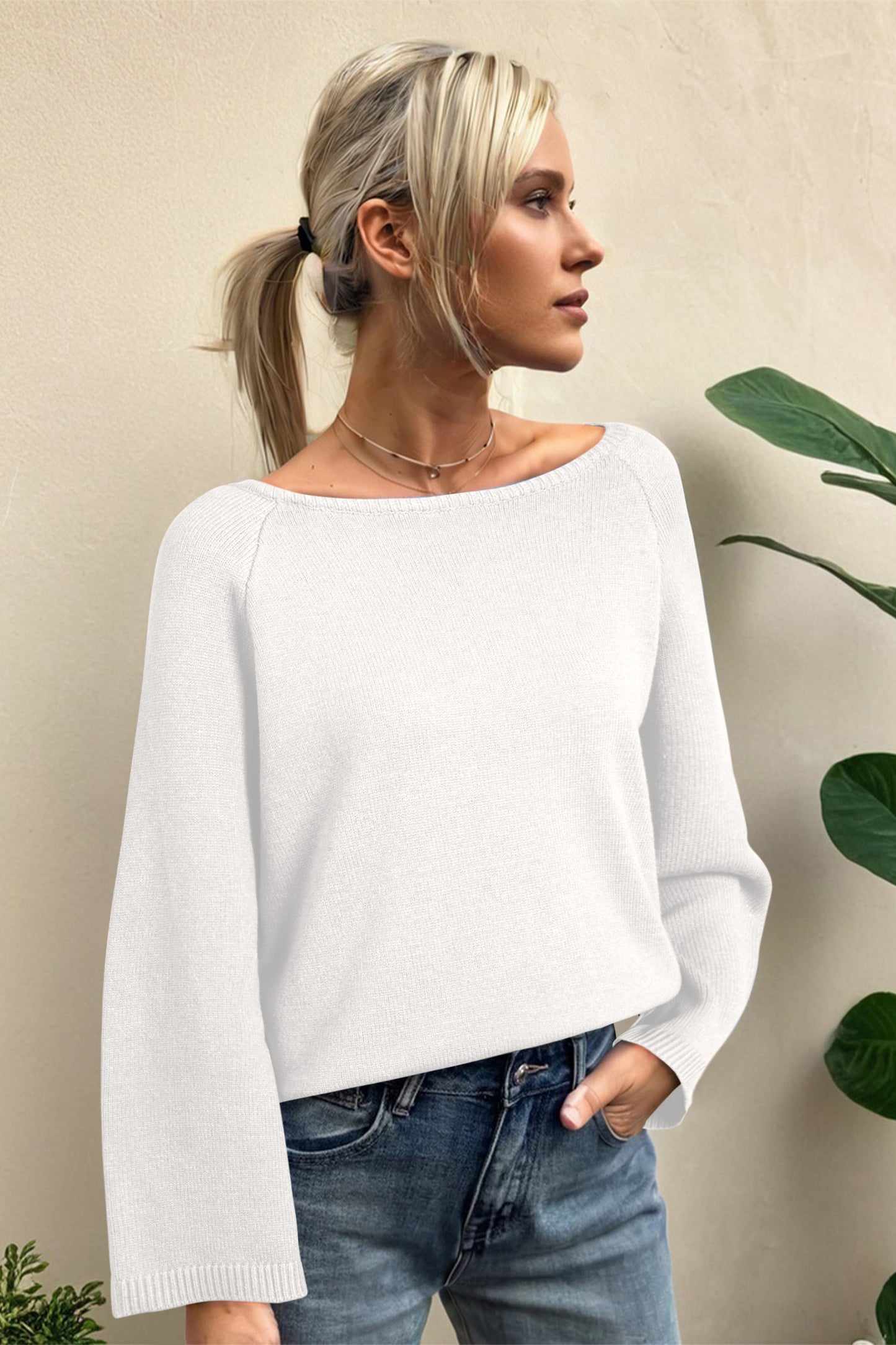 Solid Bracelet Sleeve Dolman Sweater