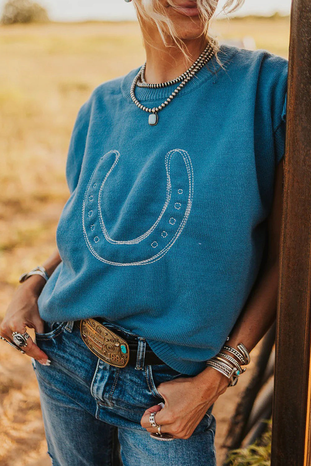 Horseshoe Embroidered Short Sleeve Sweater