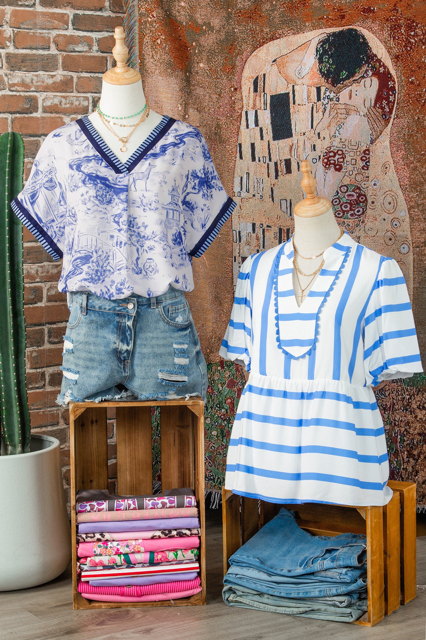 Blue Toile V-Neck Blouse