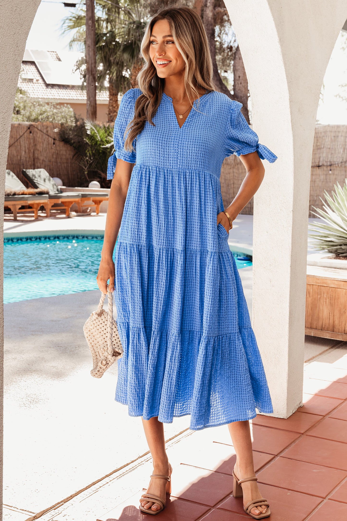 Lattice Textured Tiered Midi Dress