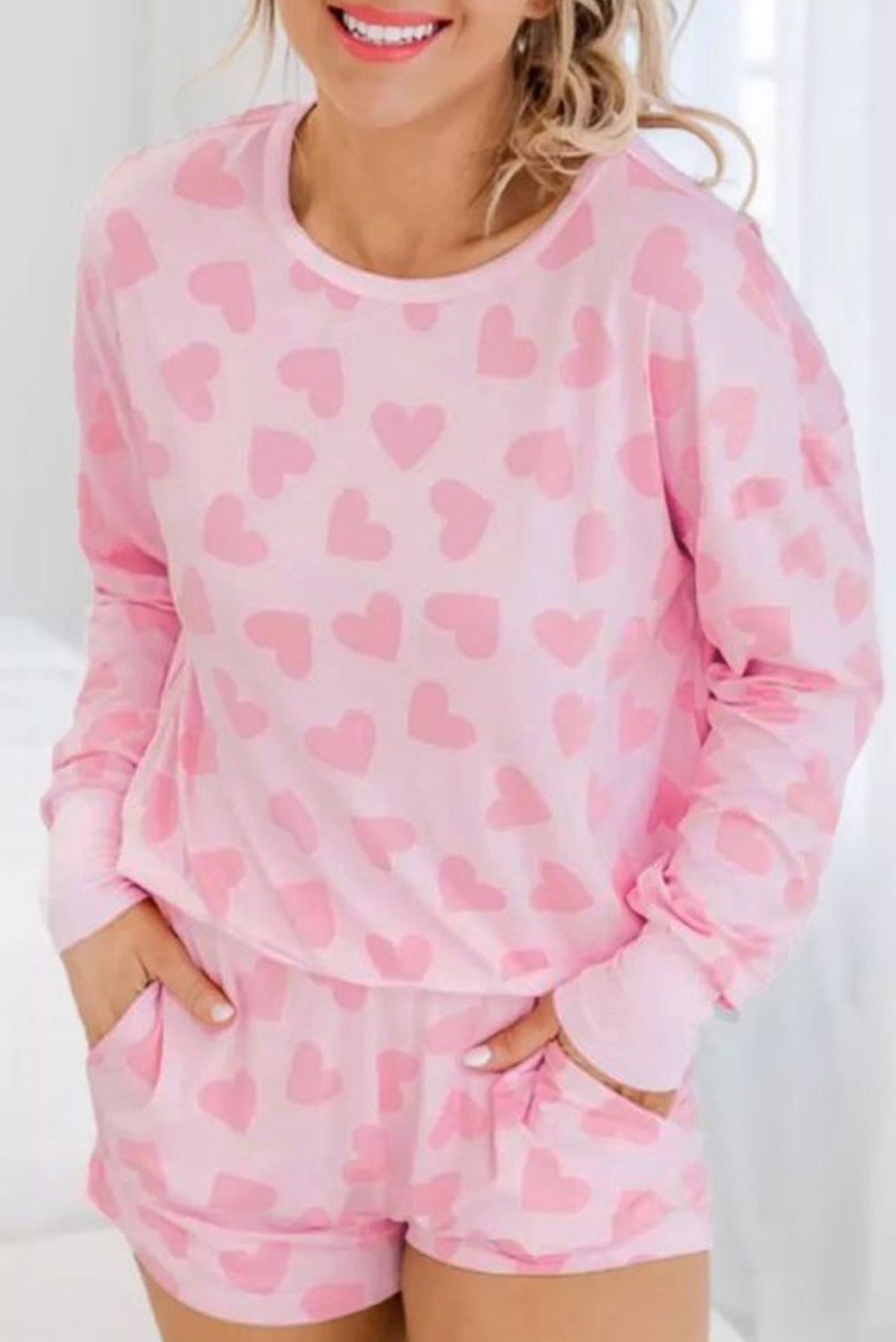 Heart Print Long Shorts Loungewear Set