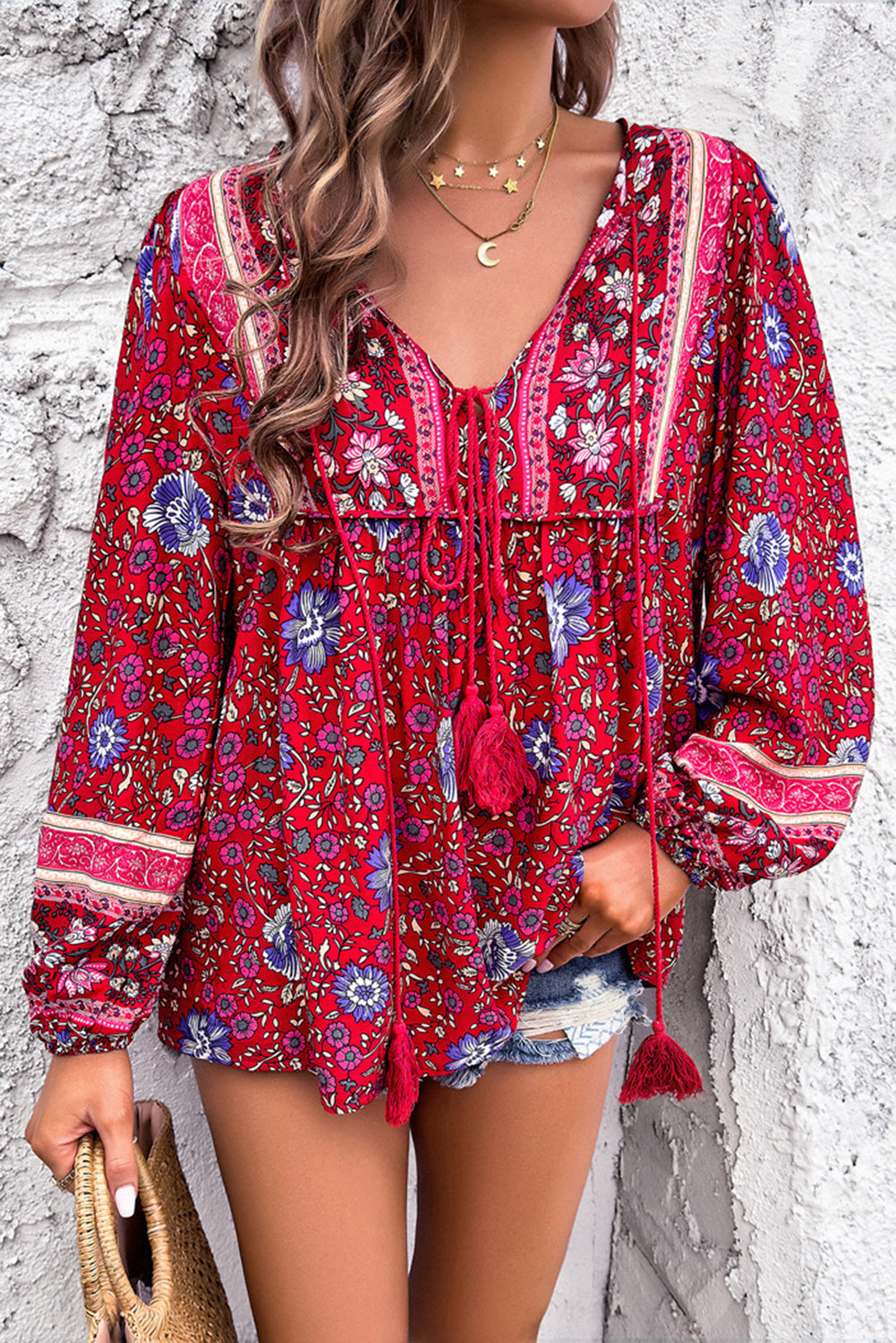 Tassel Tie Front Boho Blouse