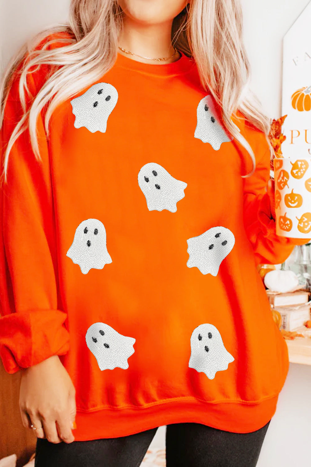 Orange Sequin Halloween Ghost Sweatshirt