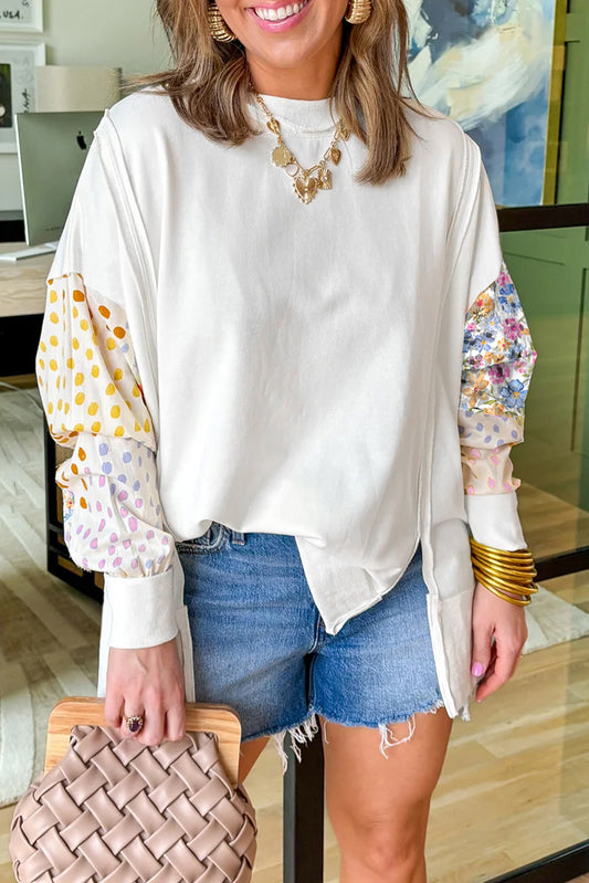 Floral Patchwork Sleeve High Low Sweatshirt