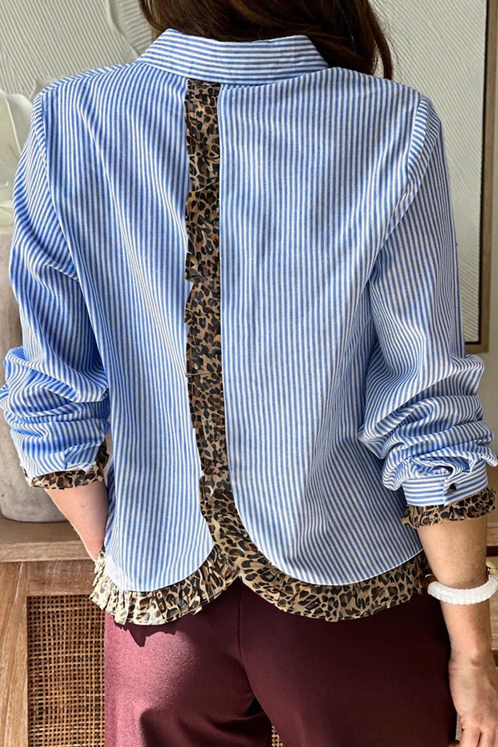 Blue Stripe Leopard Trim Shirt