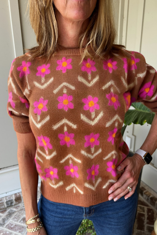 Brown Floral Short Sleeve Sweater