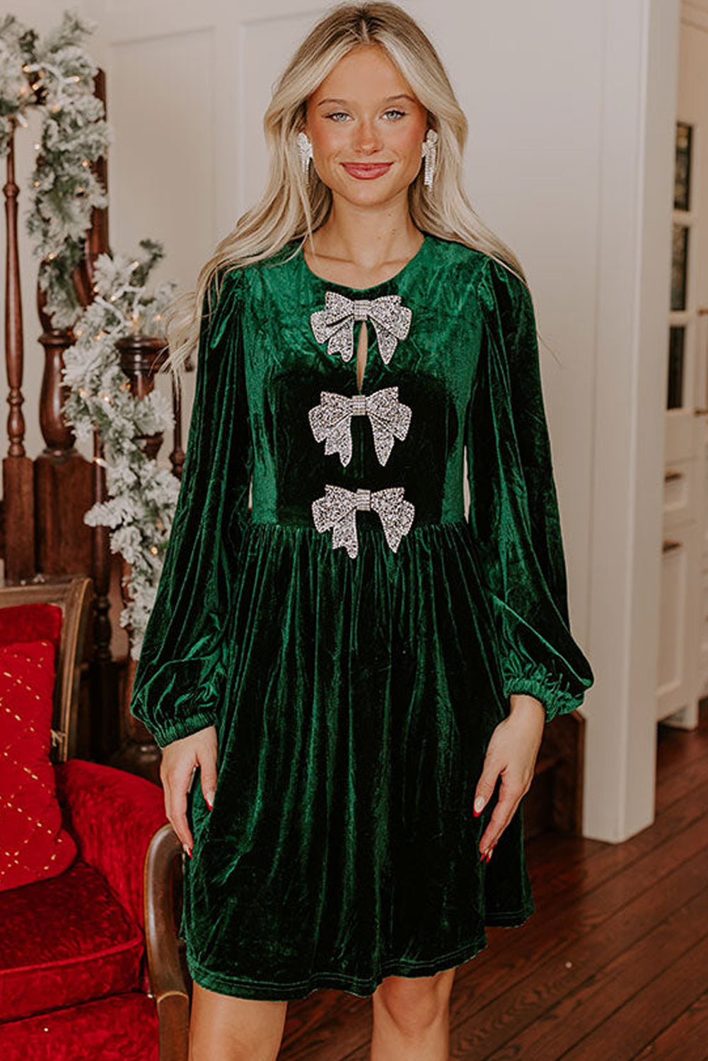 Evergreen Sequin Bow Velvet Dress