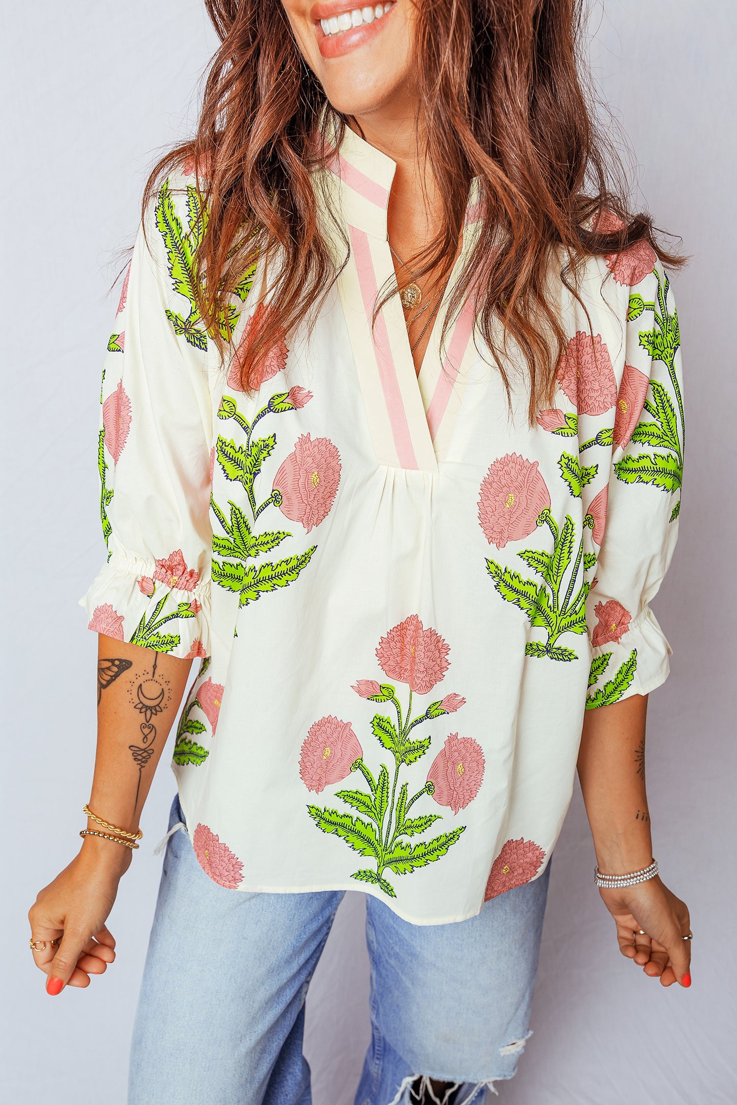 Wild Flower Print V Neck 3/4 Sleeve Shirt