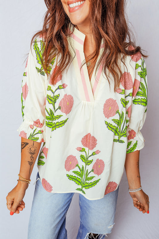 Wild Flower Print V Neck 3/4 Sleeve Shirt