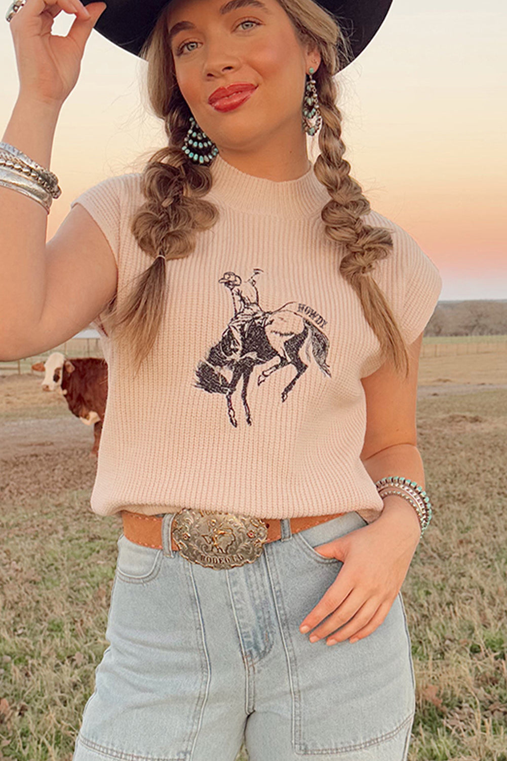 Oatmeal Cowboy Short Sleeve Sweater