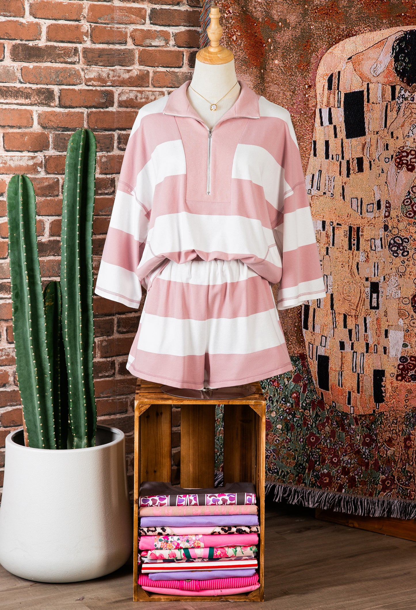 Pink Stripe Striped Shorts Set
