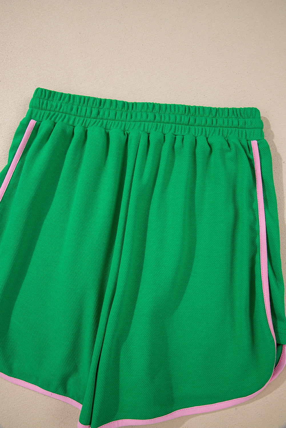 Green Contrast Trim Textured Tee and Shorts Set