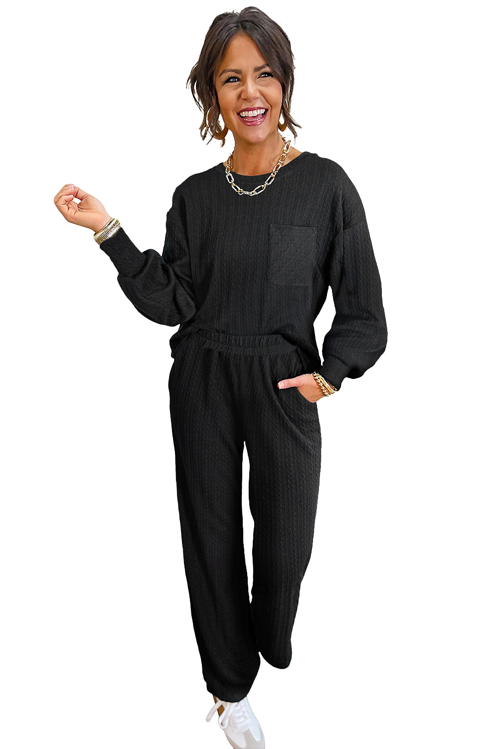 Black Textured Pants Set