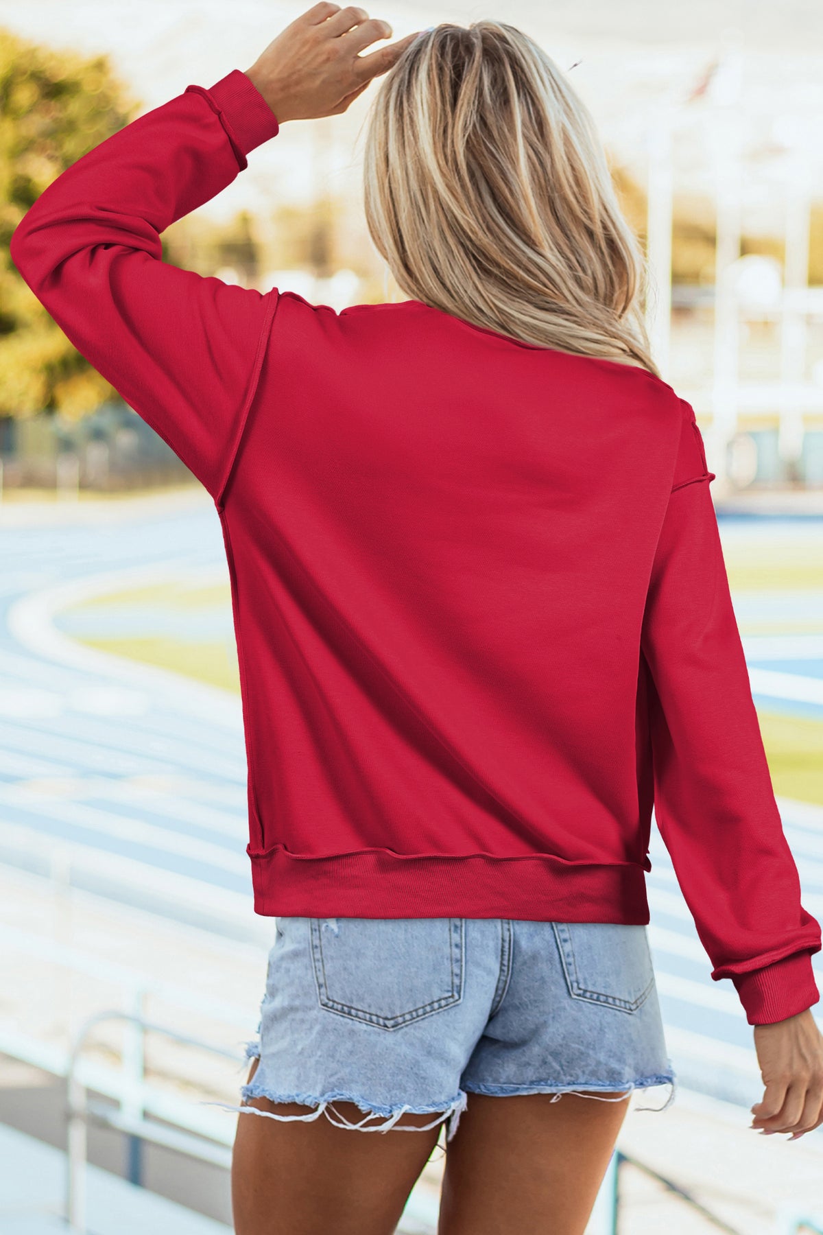 Women's Christmas tree applique sweatshirt with frayed gingham detail and mock neck