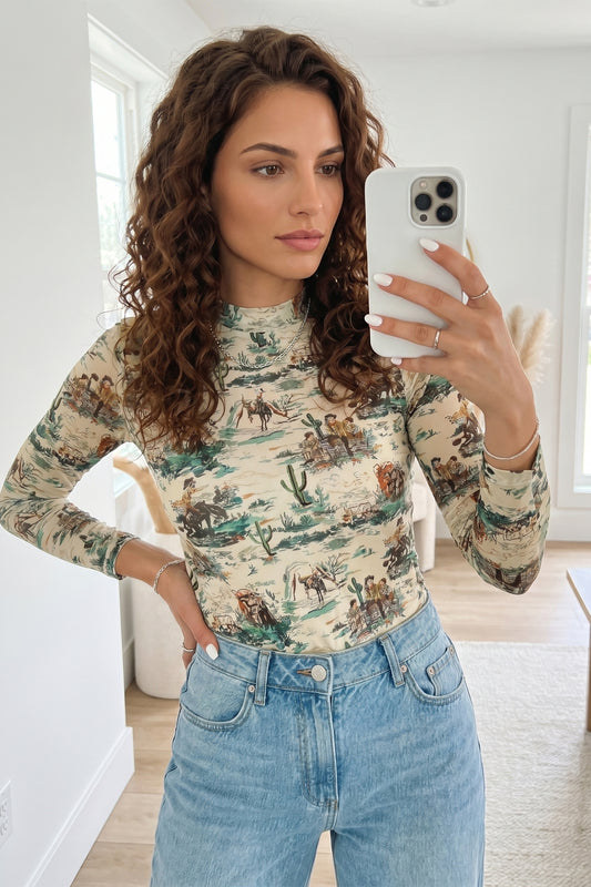 Western Print Slim Top
