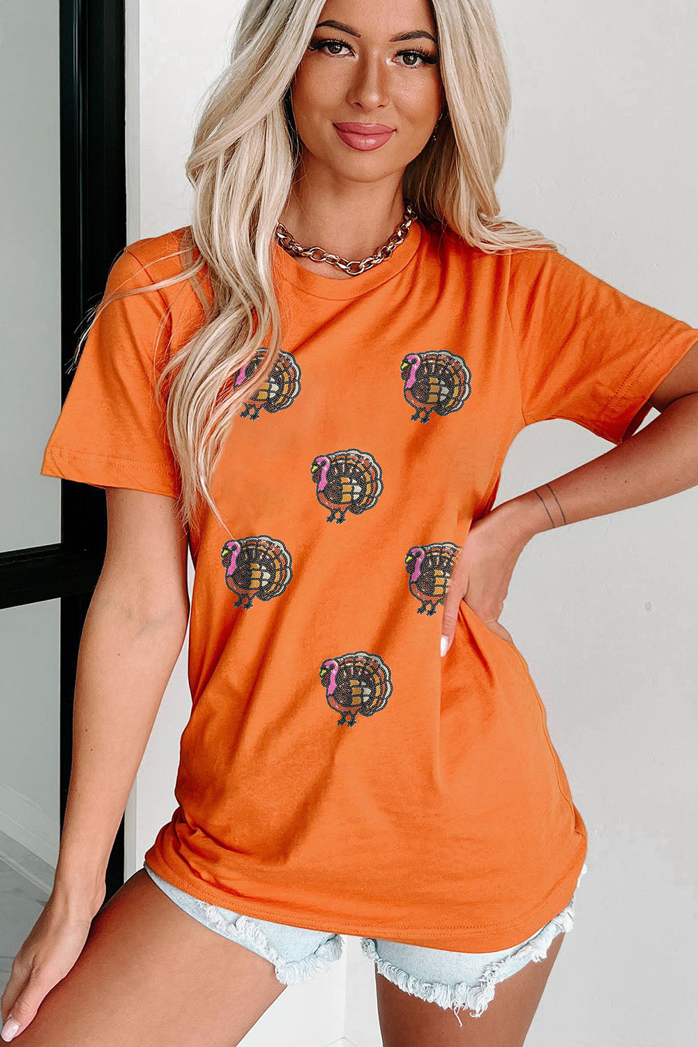Orange Sequin Thanksgiving Turkey T Shirt