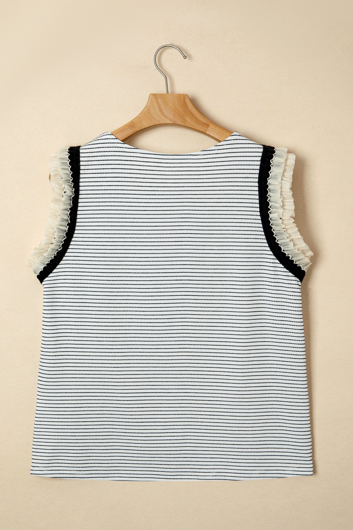 Black Stripe Ruffle Trim Top