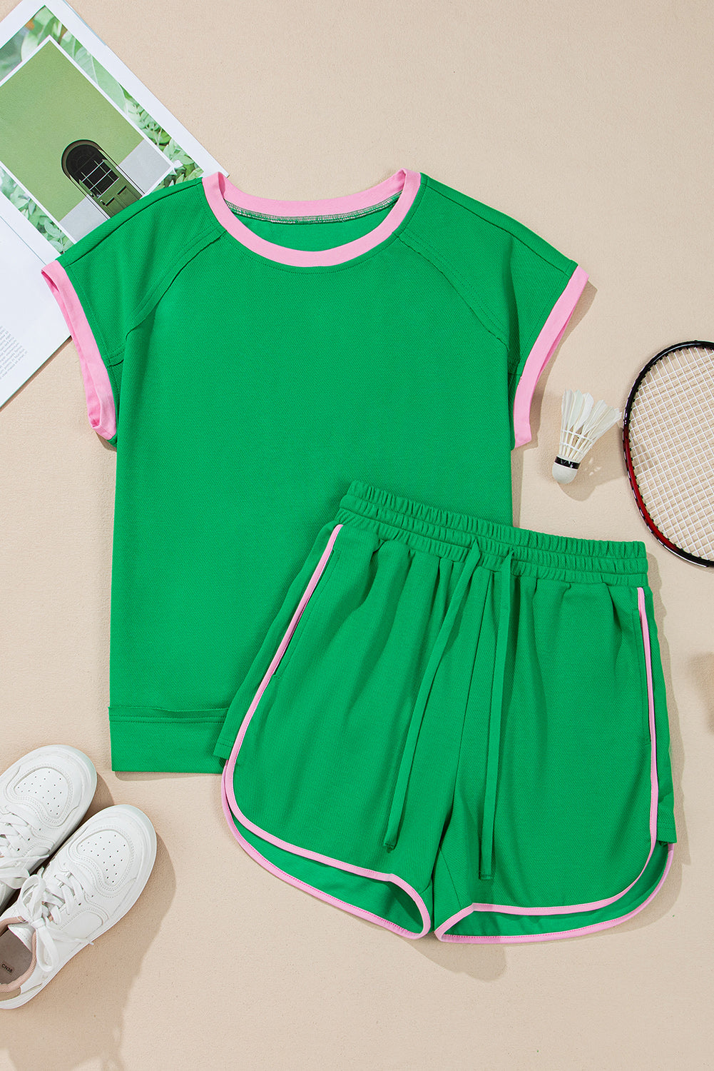 Green Contrast Trim Textured Tee and Shorts Set