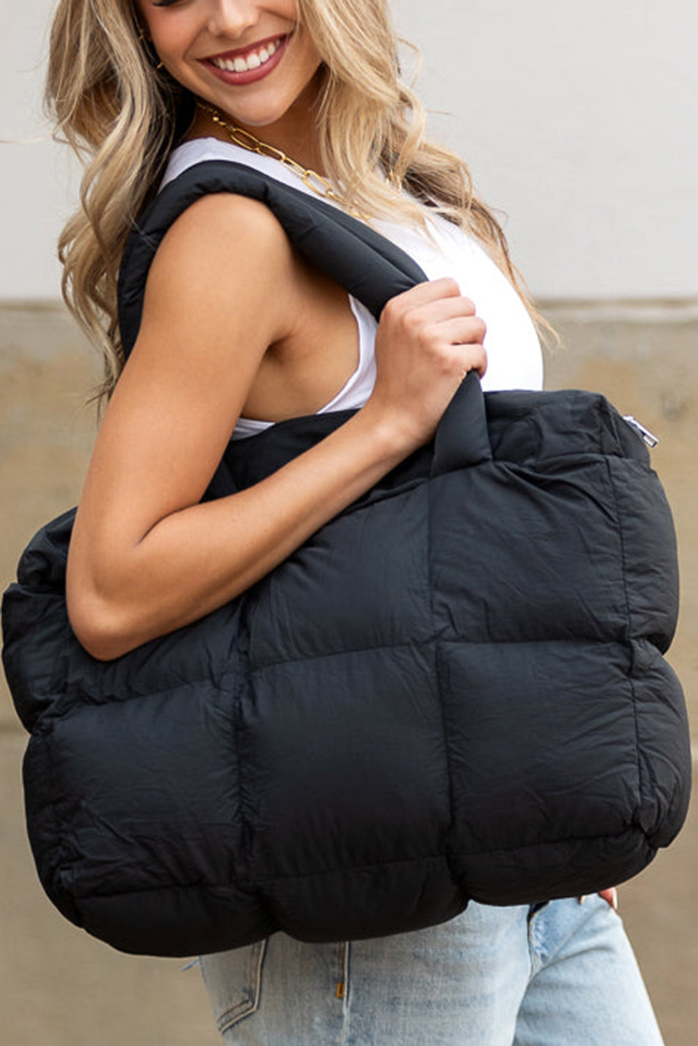 Quilted Puffy Zipped Tote Bag