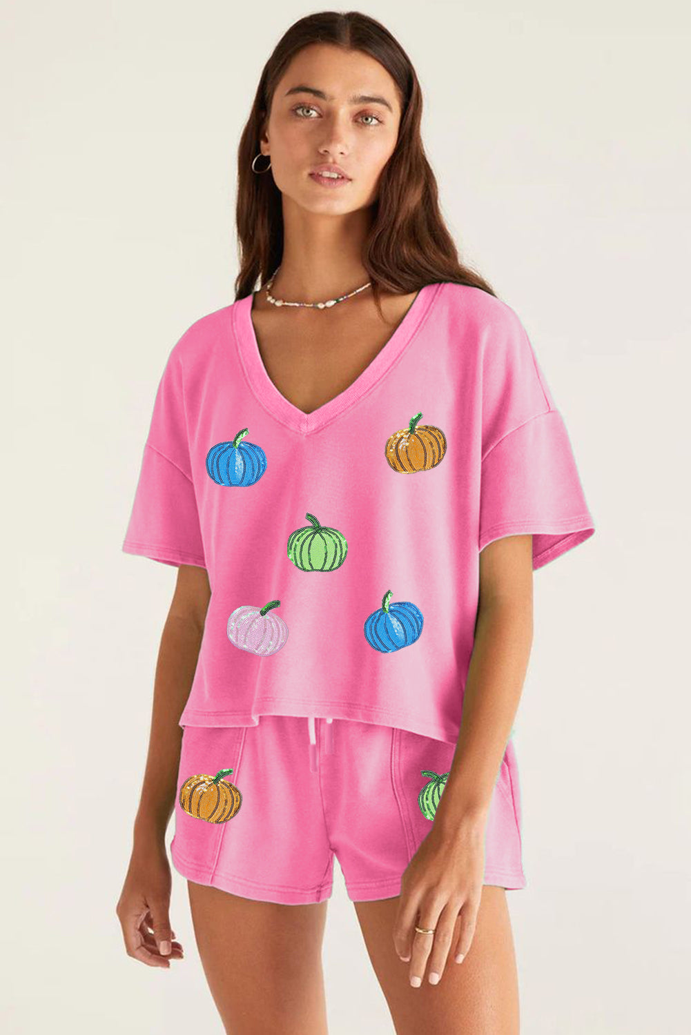 Sequin Halloween Pumpkin Drawstring Shorts Set