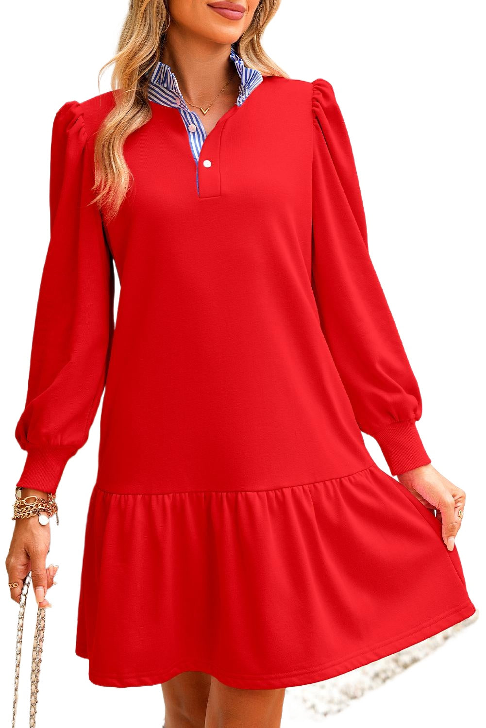 Striped Collar Ruffle Hem Dress