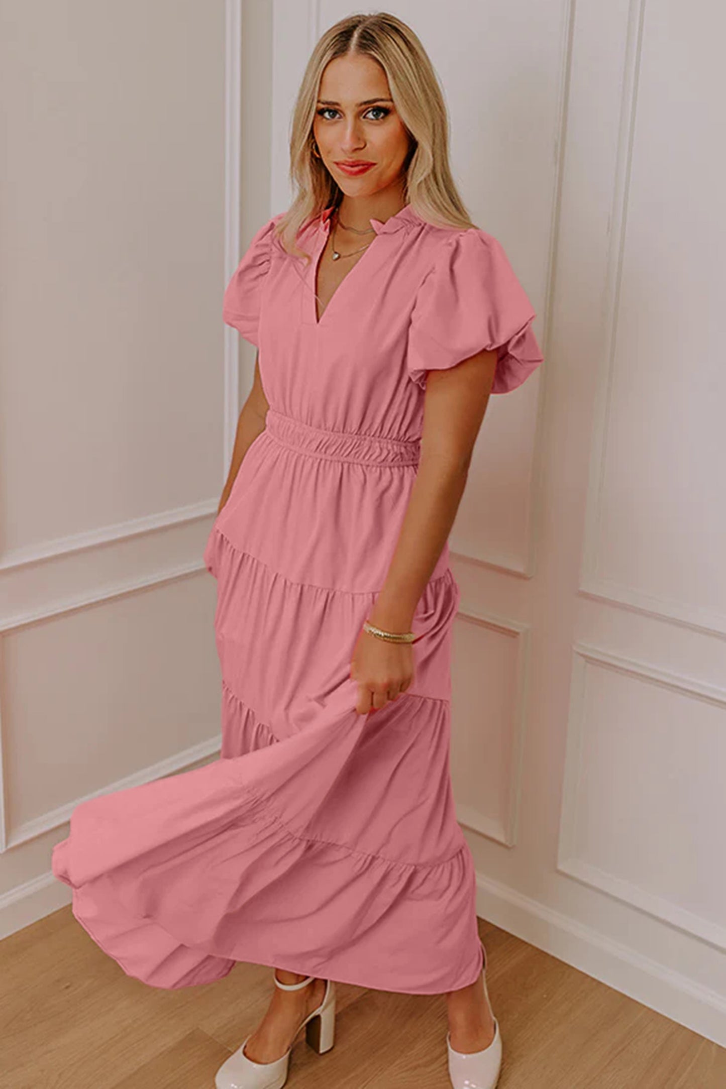Solid Color V Neck Maxi Dress