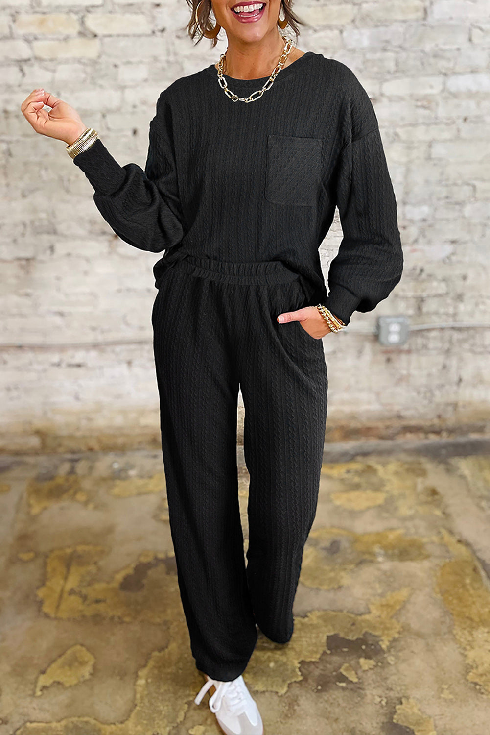 Black Textured Pants Set