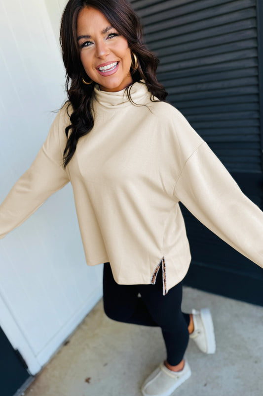Mock Neck Leopard Detail Top