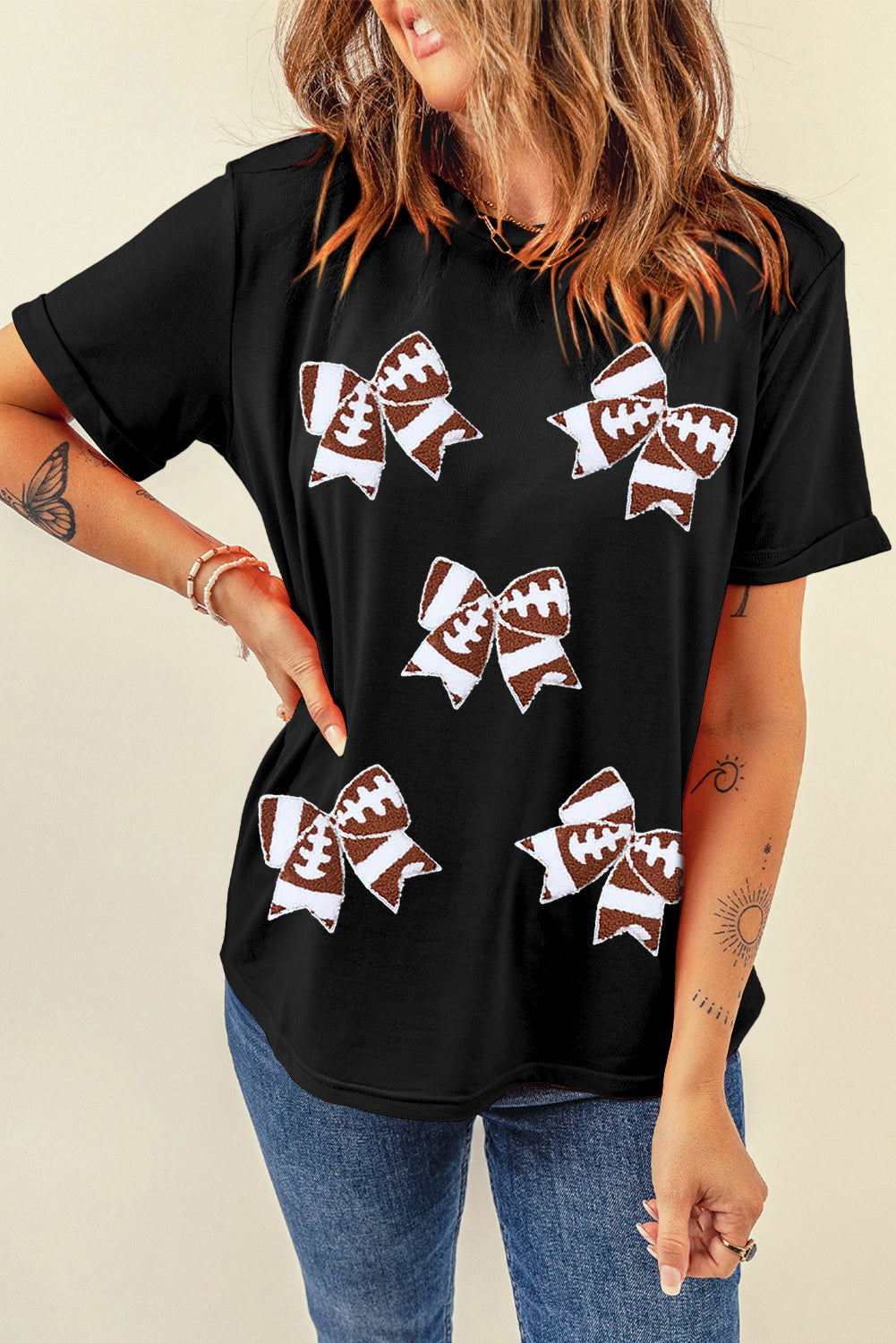 Black Game Day Sequin Football  T Shirt